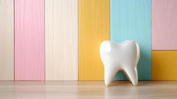 A tooth is sitting on a wooden floor with colorful wood photo