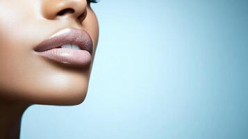 A close up of a woman's face with a bright blue background photo