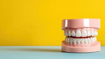A model of a tooth with a toothbrush on a yellow background photo