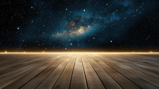 Empty wooden floor with stars and milky way in the background photo