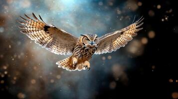 Owl flying in the night sky with stars photo