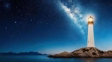 A lighthouse is lit up at night with stars in the sky photo