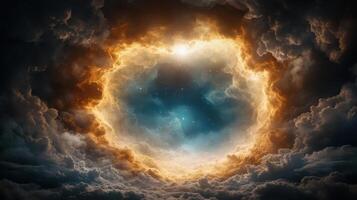 A circular hole in the clouds with a bright light shining through photo