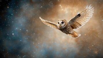 An owl flying in the sky with stars in the background photo