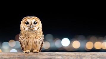 A barn owl sitting on a wooden post in front of a city background photo