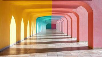 A colorful hallway with a light shining through it photo