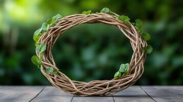 A wreath made of twigs on a wooden table photo