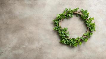 A wreath of green leaves on a wall photo