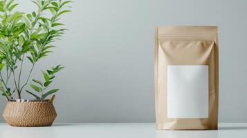 Packaging mockup with plant on table photo