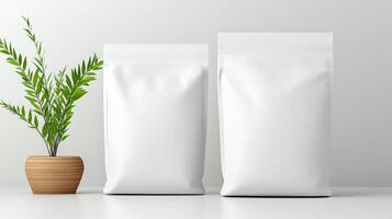 Two white bags with a plant in front of them photo