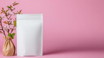 White paper bag with flowers on pink background photo