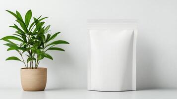 White packaging mockup with plant on white background photo