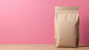 A brown paper bag on a pink background photo