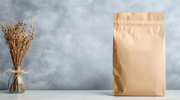 Brown paper bag mock up on gray background photo