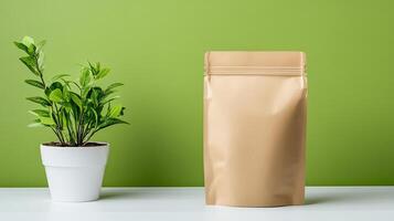 Packaging for coffee beans and plant on green background photo