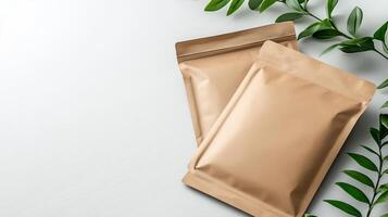 Two brown paper bags with leaves on a white surface photo
