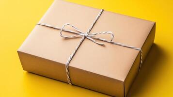 Gift box with ribbon on yellow background photo