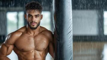 A shirtless man standing next to a punching bag photo