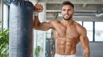 A shirtless man is posing with a punching bag photo