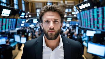 A man in a suit standing in front of stock market screens photo
