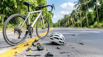 A bicycle is sitting on the side of the road with a helmet on the ground photo