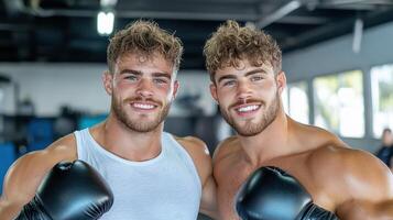 Two muscular men posing for a photo in a gym