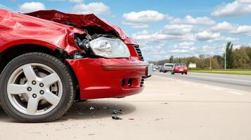 A red car is damaged on the side of the road photo