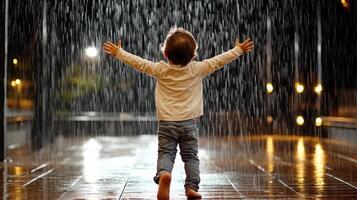 A child standing in the rain with his hands up photo