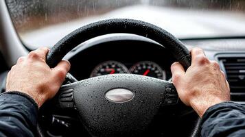 A person driving a car with their hands on the steering wheel photo