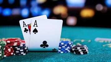 A pair of aces and aces on a table with chips photo