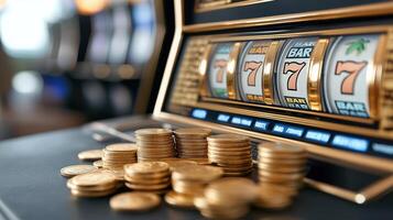 A slot machine with gold coins on it photo