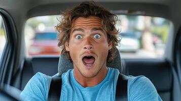 A man is driving a car and has his mouth open photo