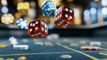 Casino chips and dice on a roulette table photo
