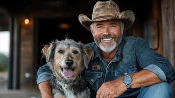 A man in a cowboy hat and jeans sitting next to his dog photo