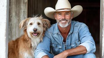 A man in a cowboy hat and jeans with his dog photo