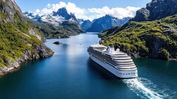Cruise ship sailing through the fjords of norway photo