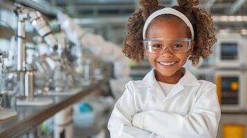 A little girl in a lab coat and glasses photo