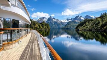 A cruise ship on the water with mountains in the background photo