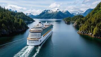 A cruise ship sailing through the water near mountains photo