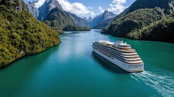Cruise ship sailing through the fjords of new zealand photo