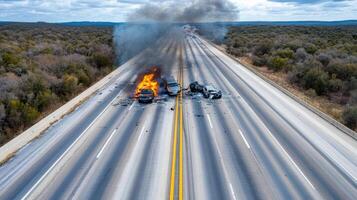 A truck is on fire on a highway photo