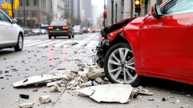 un rojo coche es dañado después un colisión foto