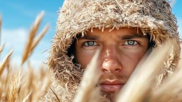 A man in a hooded coat in a field photo