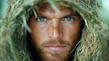 A man with green eyes and a hooded jacket photo