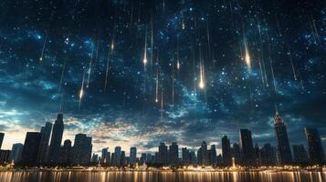 A city skyline with stars and shooting stars photo