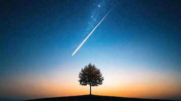 A lone tree stands on a hill with a shooting star in the sky photo