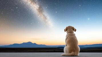 A dog sitting on a concrete floor looking up at the sky photo