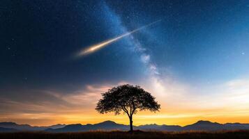 A tree is silhouetted against the sky and a shooting star is in the distance photo