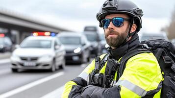 A man in a police uniform standing on the side of the road photo