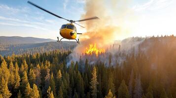 A helicopter flying over a forest fire photo